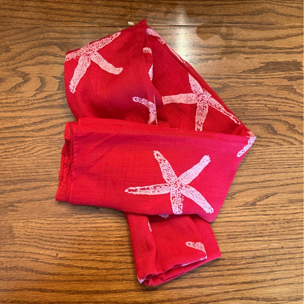 Starfish Embossed Print Patriotic Christmas Holiday Fabric Womens Scarf Wrap Red